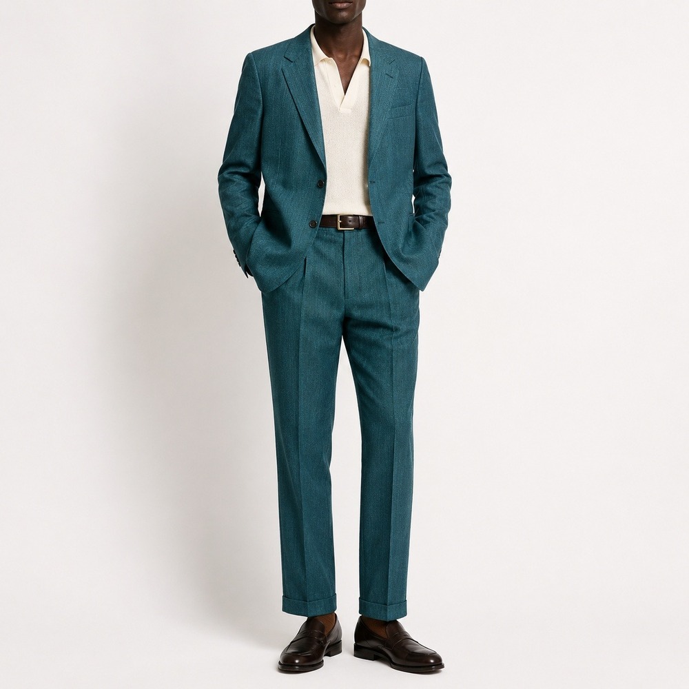 60s Vintage Teal Textured Suit Mens 44R 36W Blue Green Peak Lapel Cuffed Hem Mod